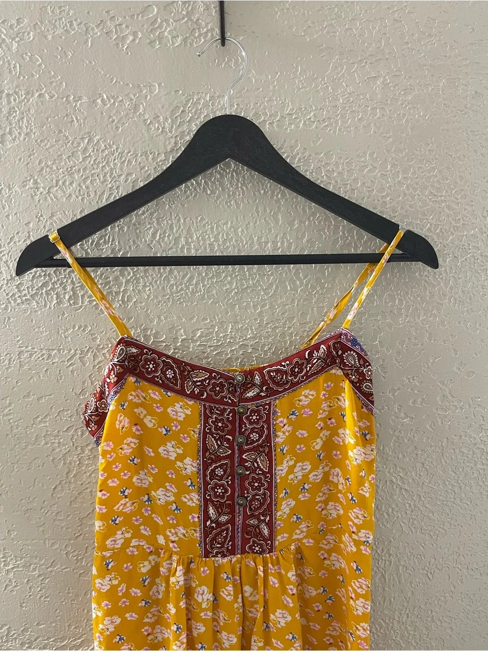 Umgee Women’s Yellow Print Boho Maxi Dress Spaghetti Strap Small‎